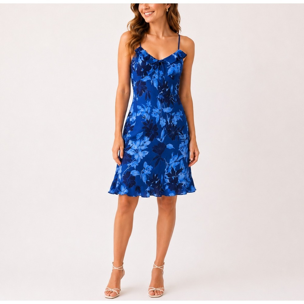 Vtg Lisa Jo Floral Slip Dress Womens L Blue Satin Ruffle Hem Sundress Babydoll